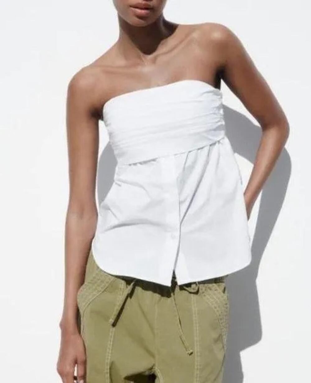 Zara | White Cotton Blend Poplin Ruched Strapless Tube Top Button Down Corset